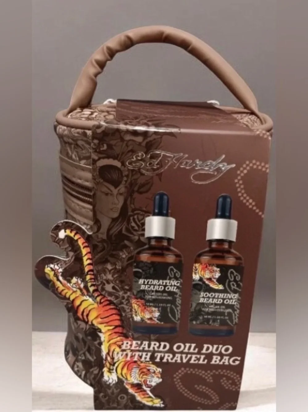 Ed Hardy Beard Oil Set with Beige Tattoo-Print Travel Pouch
